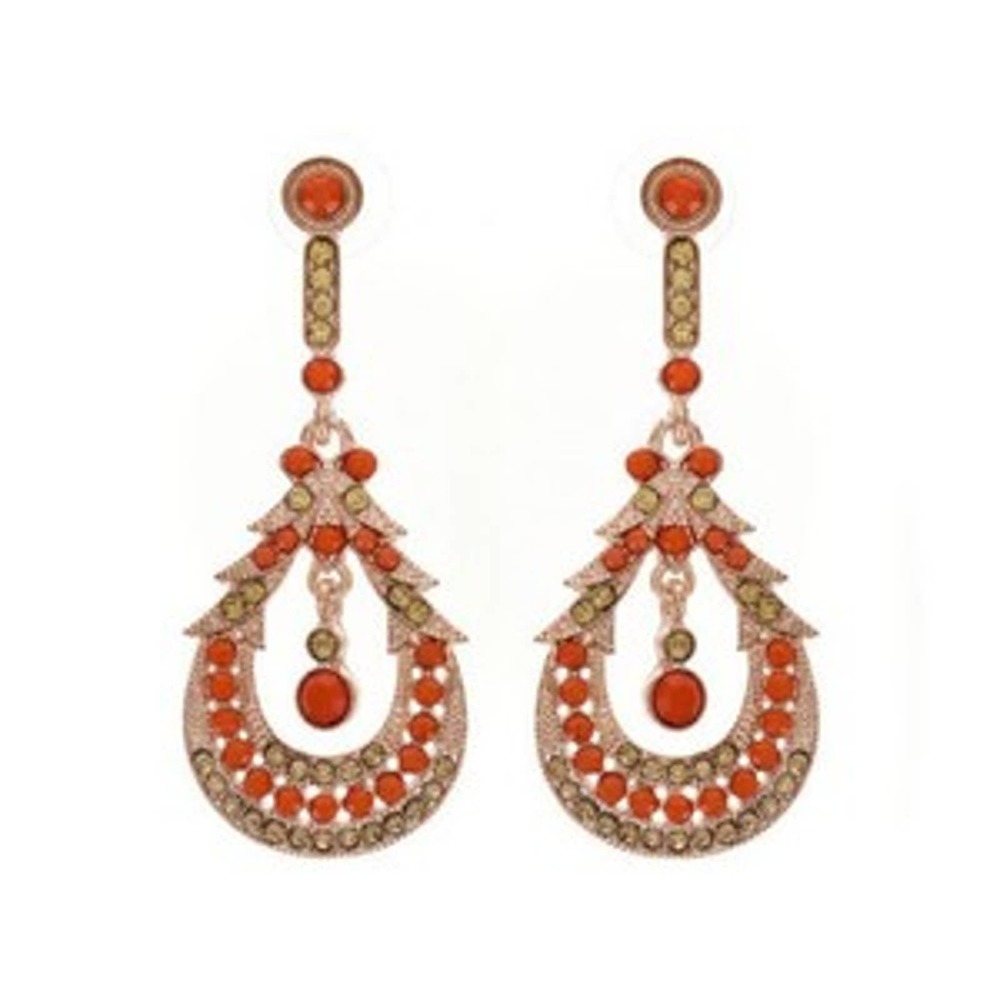 Boho Rose Tone Champagne Crystal Coral Resin Pierced Drop Earrings